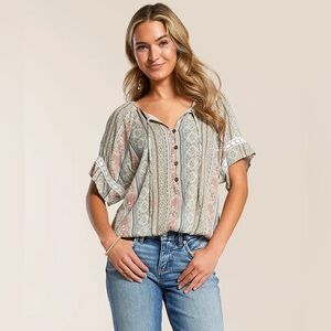 Daytrip Striped Boho Blouse in Blush, Sage & Cream